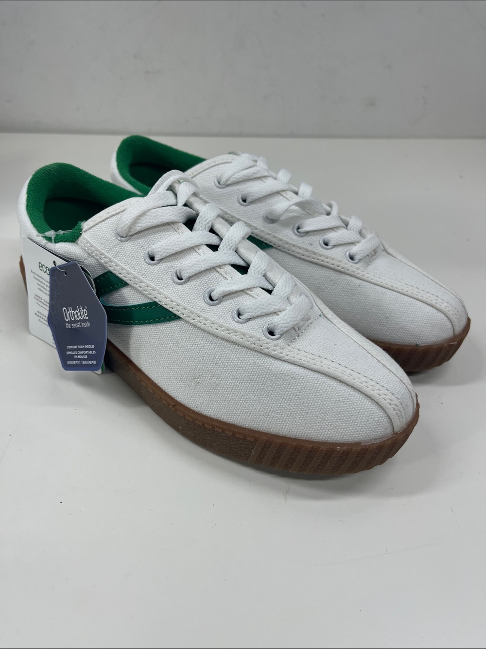 Tretorn White and Green Canvas Sneakers with Gum Sole
